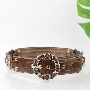 Kathy Van Zeeland Womens Belt Size Medium M Brown Wide Croc Chain Link Statement
